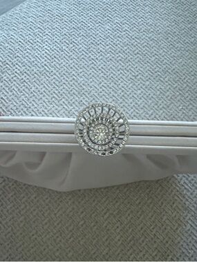 Kate Landry White Satin Clutch with Rhinestone Medallion
